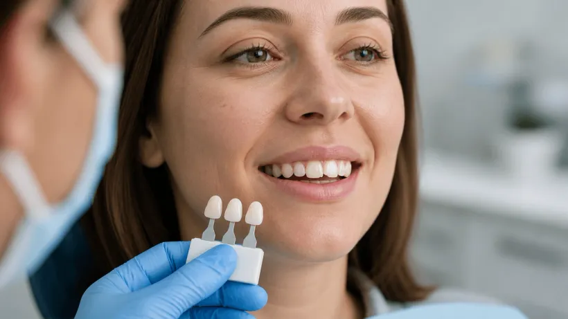 Dentist matching a tooth shade guide to a patient's smile
