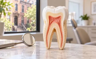 Model of a tooth showing the nerve and root canals