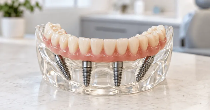 Full arch of All-on-4 implant teeth on a model at Bensonhurst Dental Care in Brooklyn