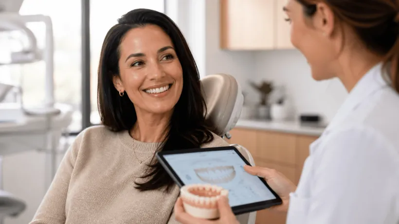 Patient looking at a digital smile design on a tablet with her dentist