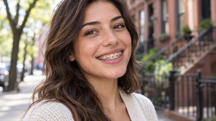 Young woman smiling with braces on a Brooklyn street