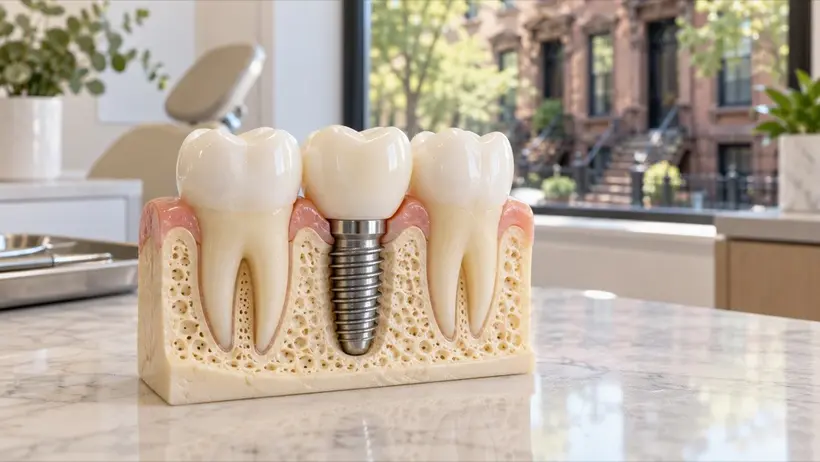 Model of a dental implant between two natural teeth